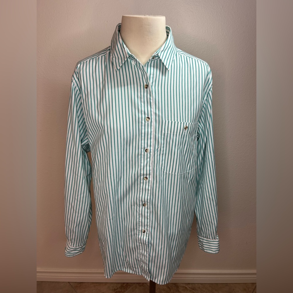 L.L. Bean Women's Classic Teal Striped Long Sleeve Button Down Women’s - Size 14
